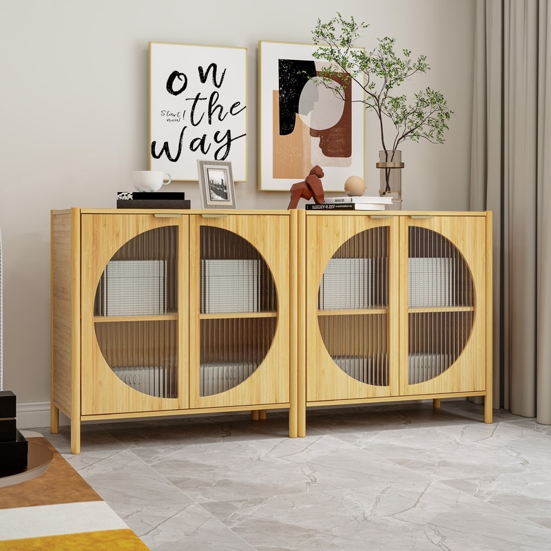 Bamboo 2 door cabinet  Set of 2  Buffet Sideboard Storage Cabinet for Living Room  Kitchen