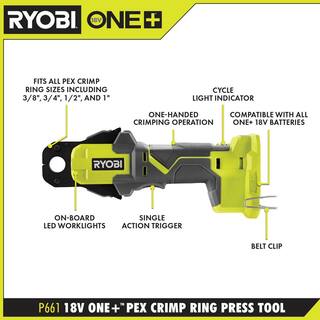 ONE+ 18V Cordless PEX Crimp Ring Press Tool and 2.0 Ah Compact Battery and Charger Starter Kit