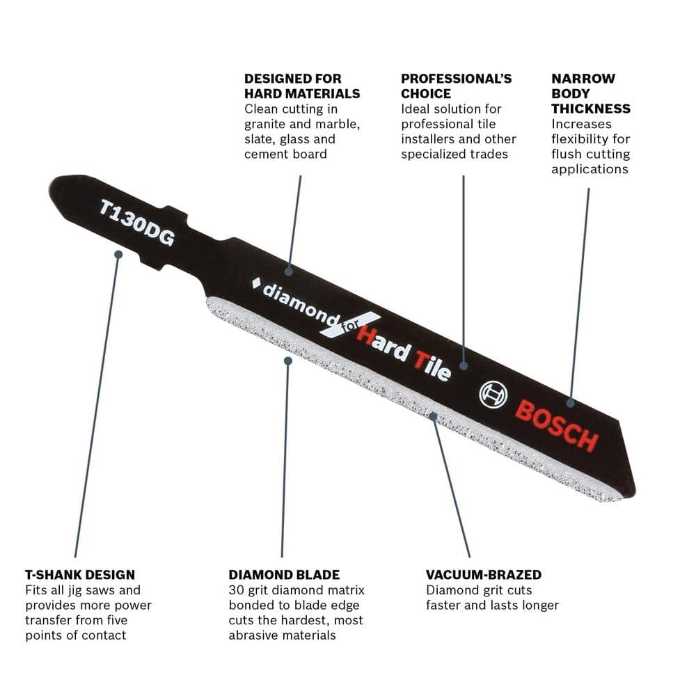 Bosch 3-1/4 in. Diamond Grit T-Shank Jig Saw Blade for Sawing through Hard Tile, Porcelain, Granite, Slate, and Limestone T130DG