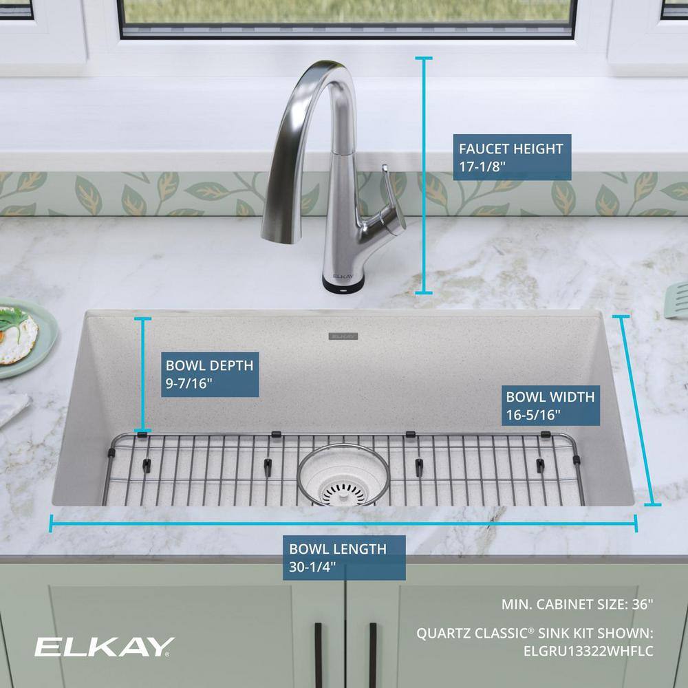 Elkay Classic White Quartz 33 in. Single-Bowl Undermount Kitchen Sink with Filtered Faucet and Accessories ELGRU13322WHFLC