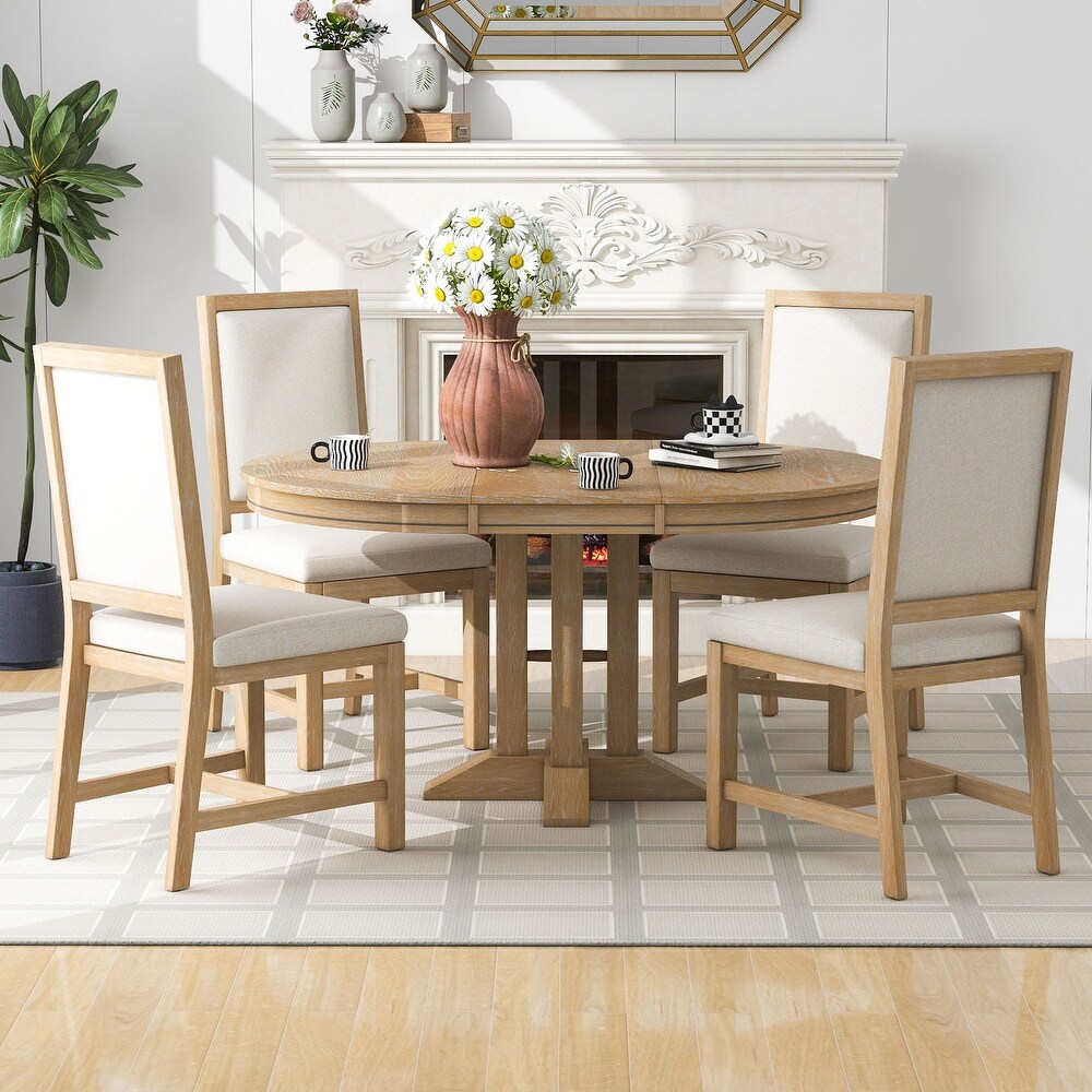 5 Piece Classic Dining Set  Extendable Round Table and 4 Upholstered Dining Chairs  Farmhouse Style Dining Table Sets