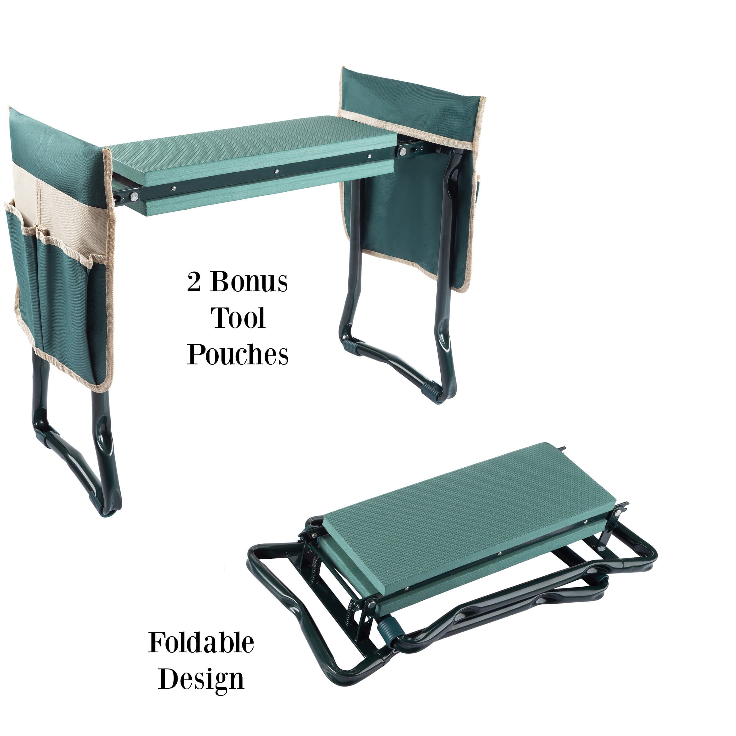 Pure Garden Kneeler Bench - Foldable Stool with 2 Tool Pouches (Green)