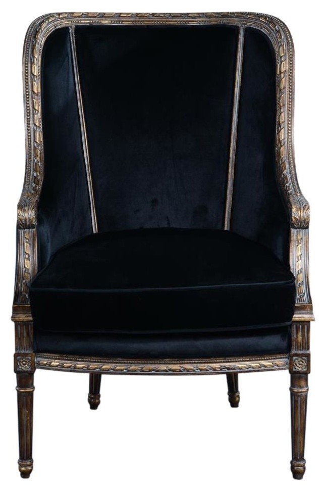 Bergere Chair Louis XVI French Hand Carved Wood Antiqued Gold  Black   Traditional   Armchairs And Accent Chairs   by EuroLuxHome  Houzz