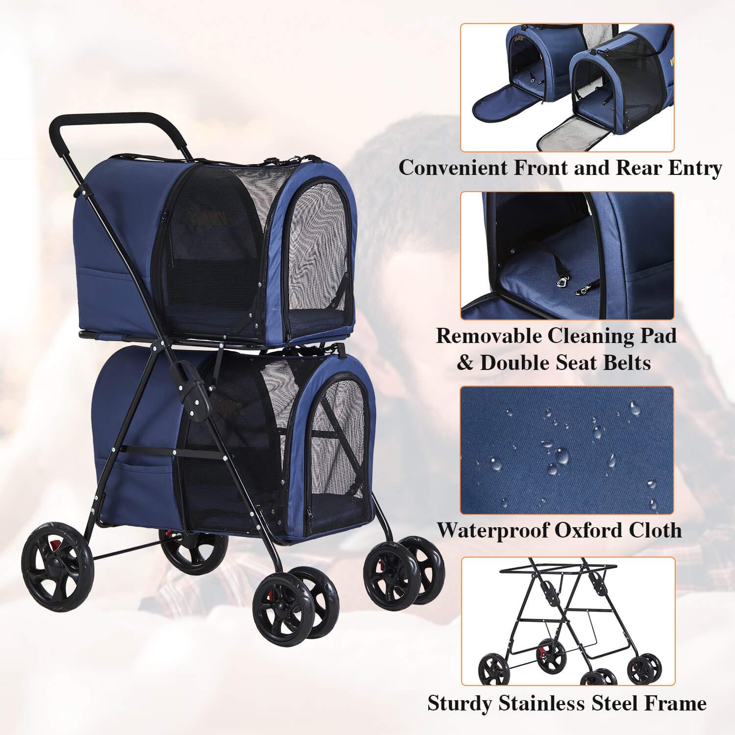 Double Pet Stroller 4-in-1 Folding Dog Strollers Travel Cart with 2 Detachable Carriersand4 Lockable Wheels for Small Medium Dogs Cats，Navy Blue