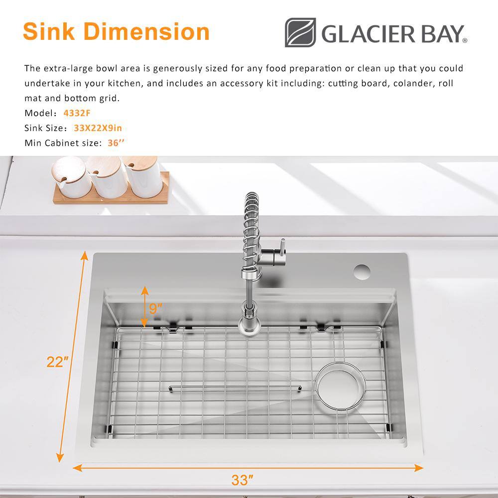 Glacier Bay AIO 33 in. Drop-inUndermount Single Bowl 18 Gauge Stainless Steel Workstation Kitchen Sink with FaucetCutting Board 4332F