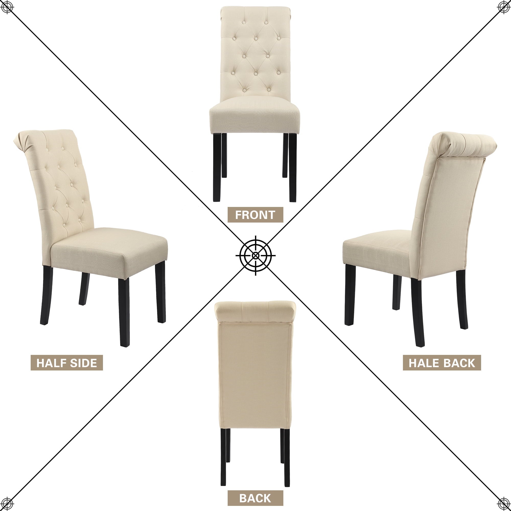 High Back Button Tufting Fabric Upholstered Dining Chairs， Beige， Set of 2