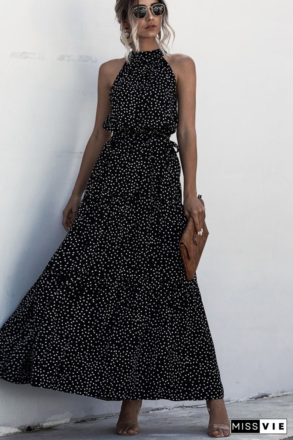 Halter Polka Dot Print Tie Waist Maxi Dress Wholesale