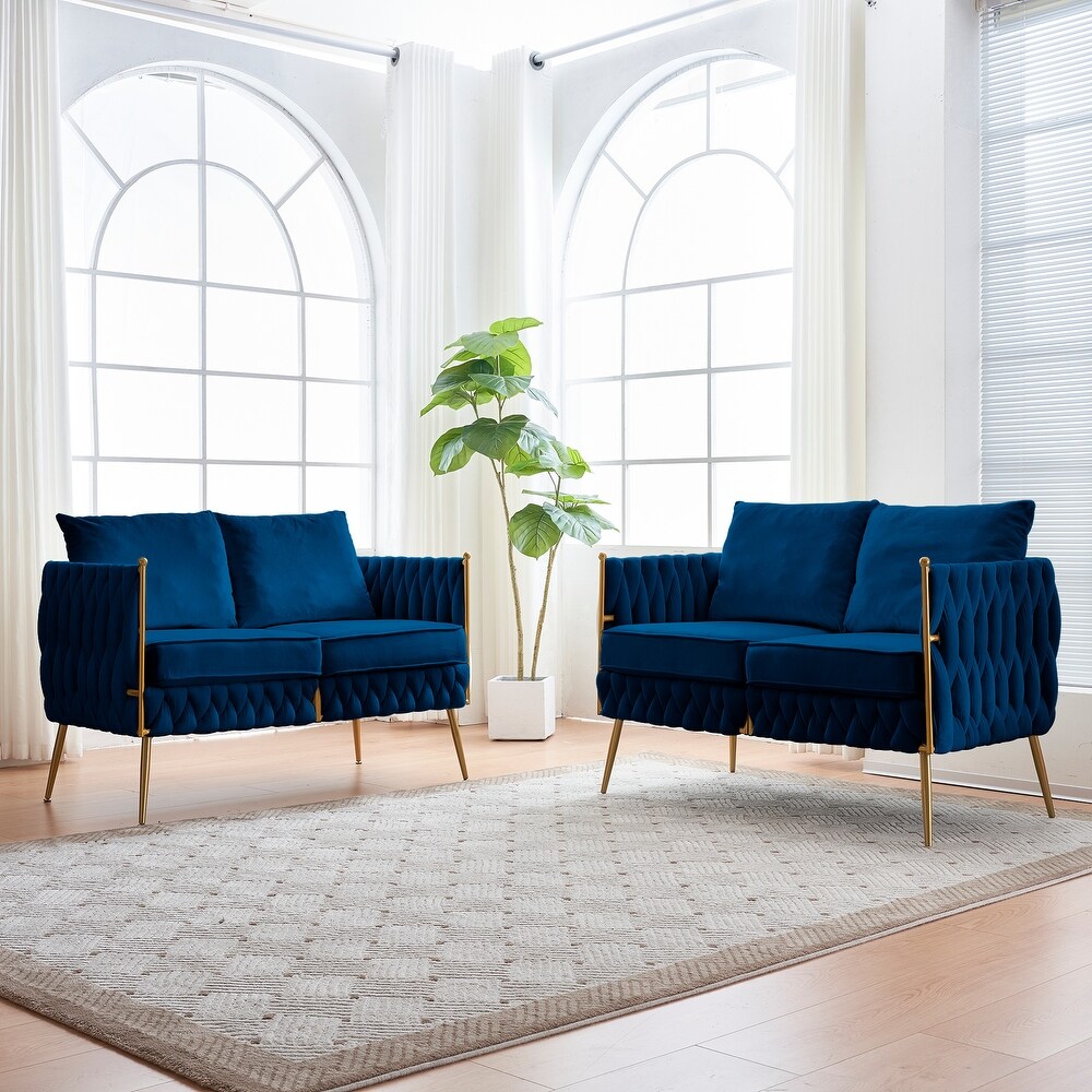 2pcs Loveseat Sofa Sets  Living Room Woven Double Chair Sofa Velvet Accent Armchair Loveseat with Thick Back  Metal Legs  Blue