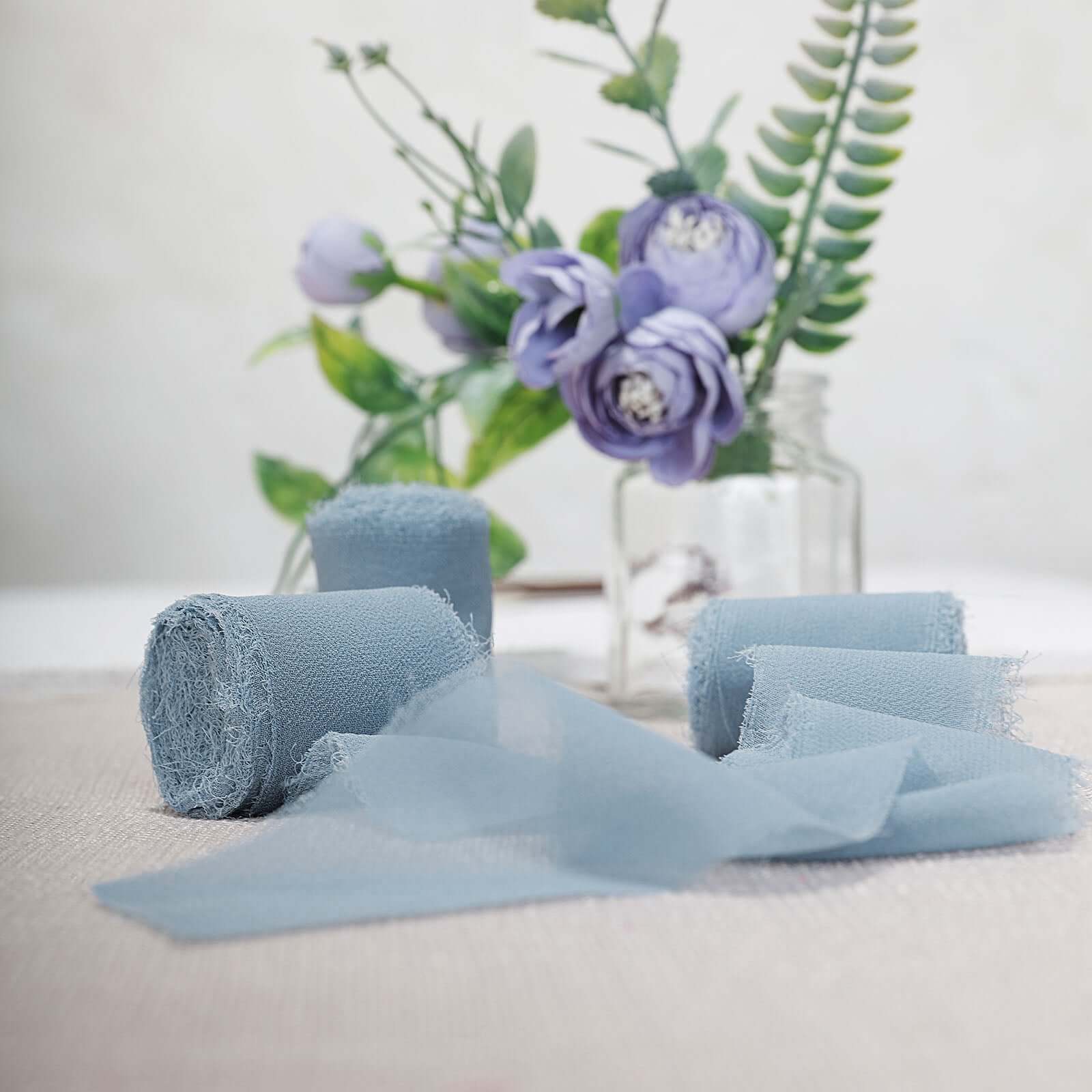 2 Pack Dusty Blue Silk-Like Chiffon Linen Ribbon Roll For Bouquets, Wedding Invitations Gift Wrapping 6yd