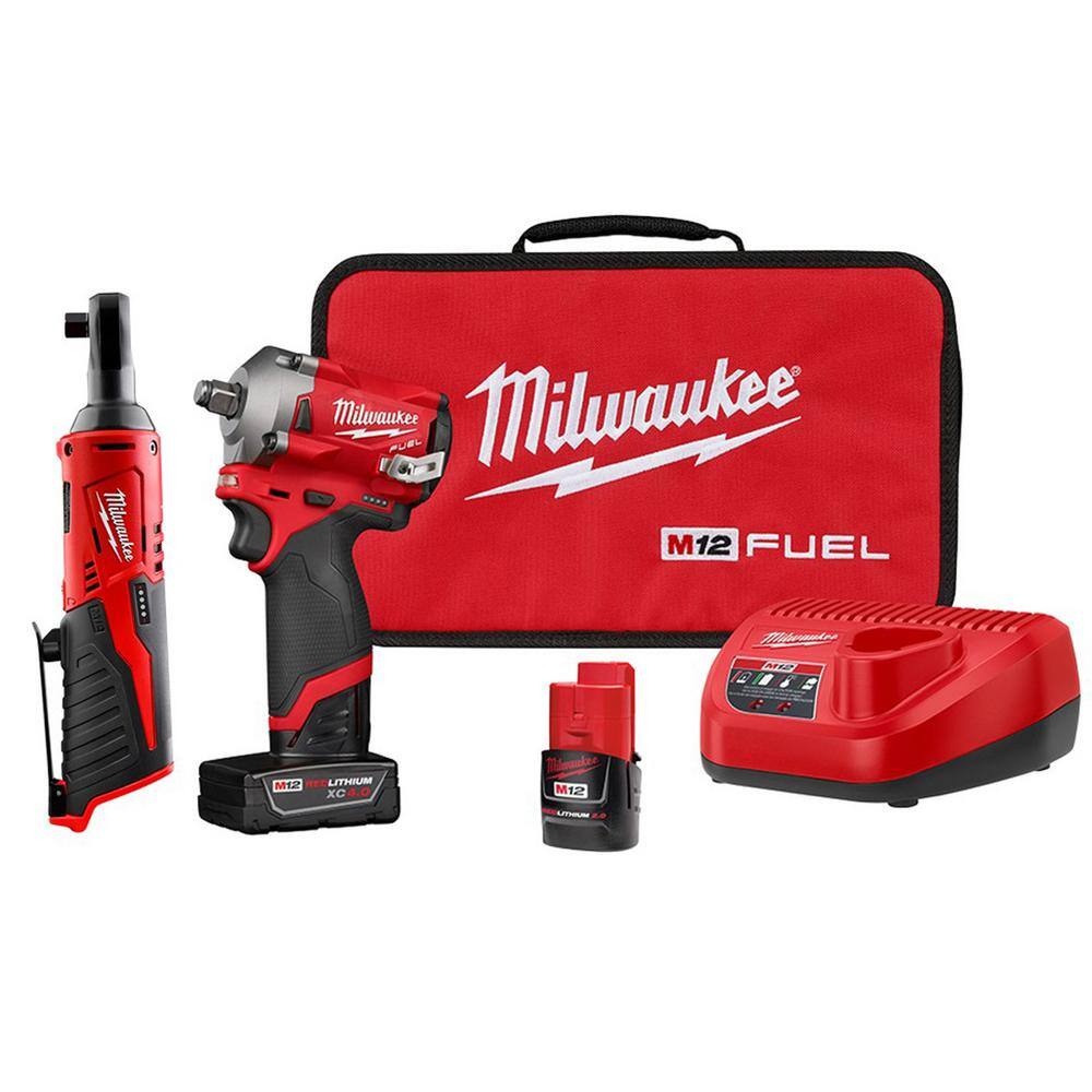 MW M12 FUEL 12V Lithium-Ion Brushless Cordless Stubby 12 in. Impact Wrench Kit with M12 38 in. Ratchet 2555-22-2457-20