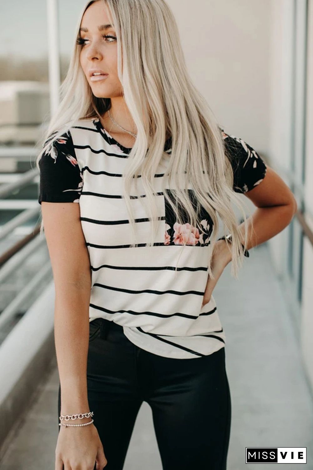 Black Striped T-shirt with Patch Pocket