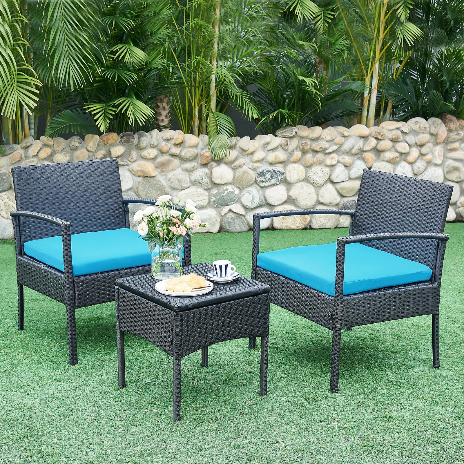 3 Piece Front Porch Patio Furniture Bistro Set， Outdoor Conversation Chairs and Table Set with Cushions， All Weather Garden Furniture for Balcony Pool Backyard Lawn， Blue