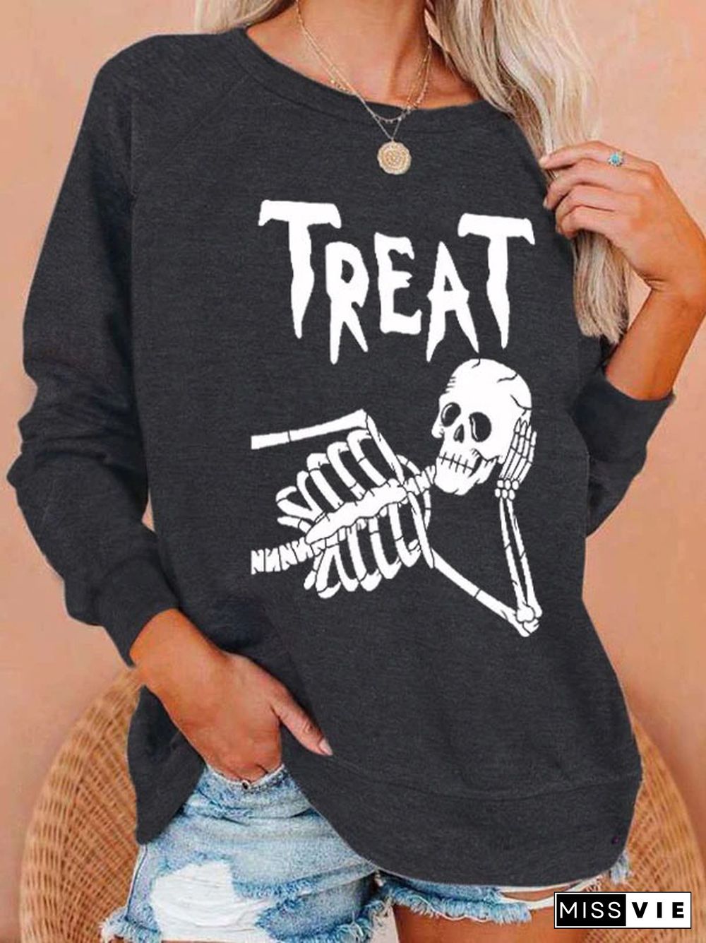 Halloween Skull Print Long Sleeve Sweatshirt