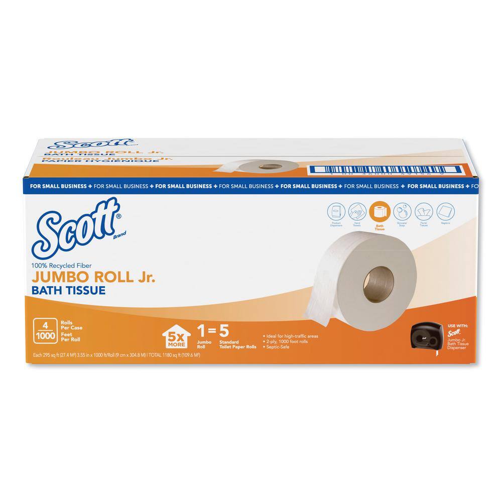 Scott Essential 100% Recycled Fiber JRT Toilet Paper Septic Safe 2-Ply White 1000 ft 4 RollsCarton KCC49156