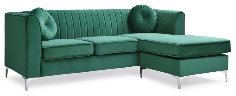 Delray 87 in. Green Velvet L Shape 3 Seater Sectional Sofa with 2 Throw Pillow   Midcentury   Sectional Sofas   by BisonOffice  Houzz