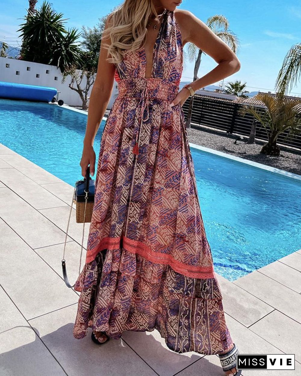 Floral Print Ruffle Tie Back Bohemian Maxi Dress P11908