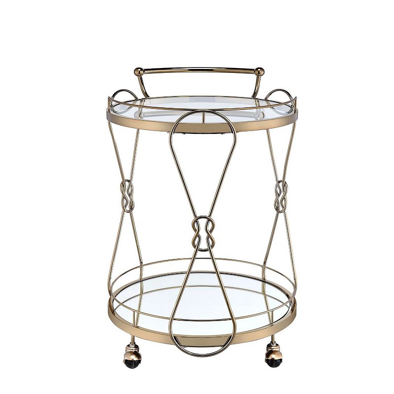 Serving Cart with 2 Glass Shelves and Caster Support， Gold and Clear