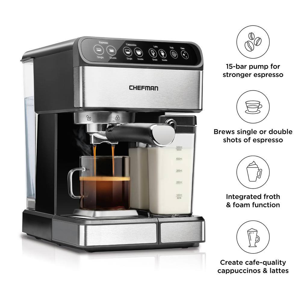 Chefman 7.6 Cup Brew Single and Double Shot Stainless Steel 6-in-1 Espresso Machine 15-Bar Pump Built-In Milk Froth Coffee Maker RJ54