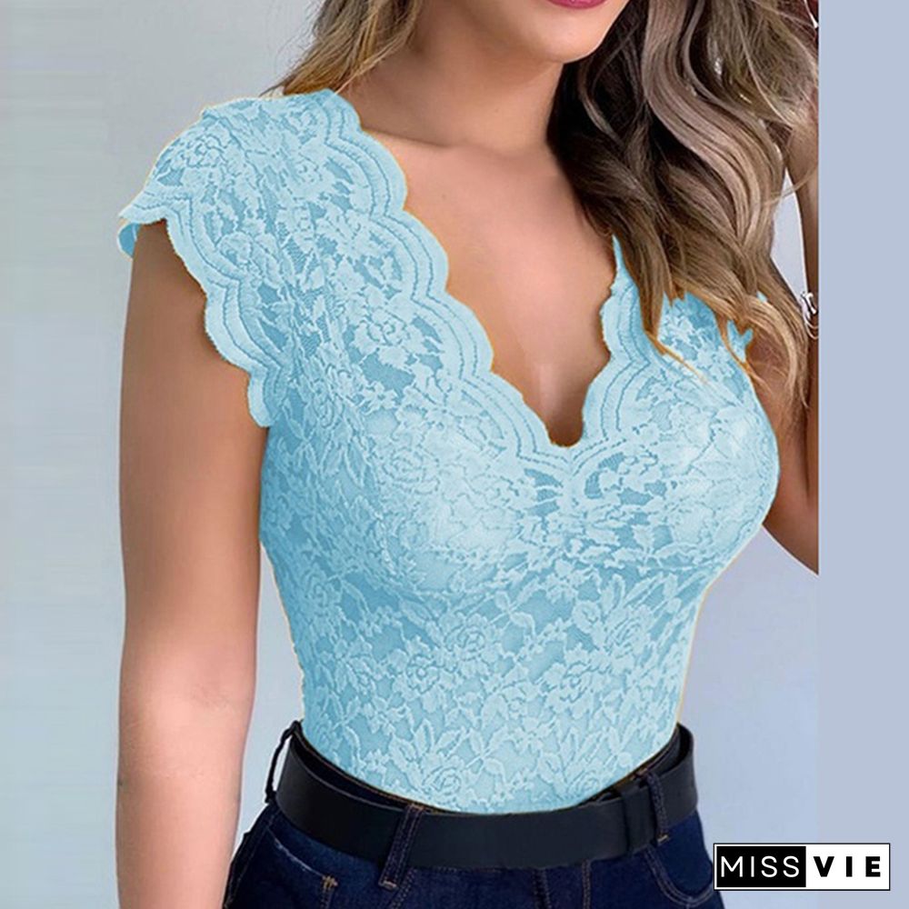 Women Sexy V Neck Lace Vest Top Sleeveless Solid Wire Free Tops Female Elegant Clothing Ladies Casual Plus Size Underwear