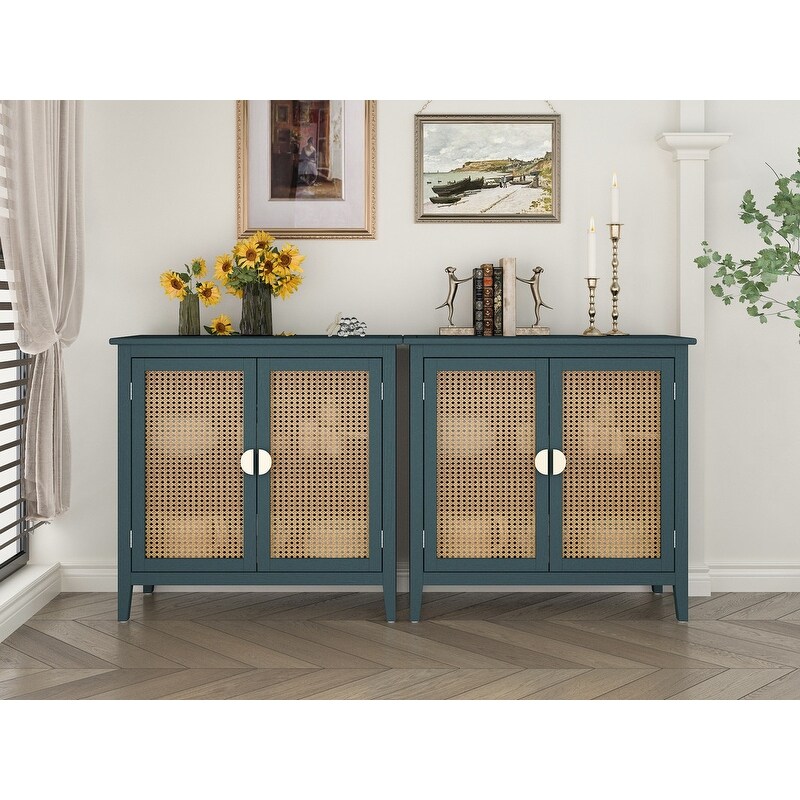 2 Door Natural Rattan Cabinet Buffet Sideboard with Metal Semi Circular Suitable for Bedroom  Living Room  Study