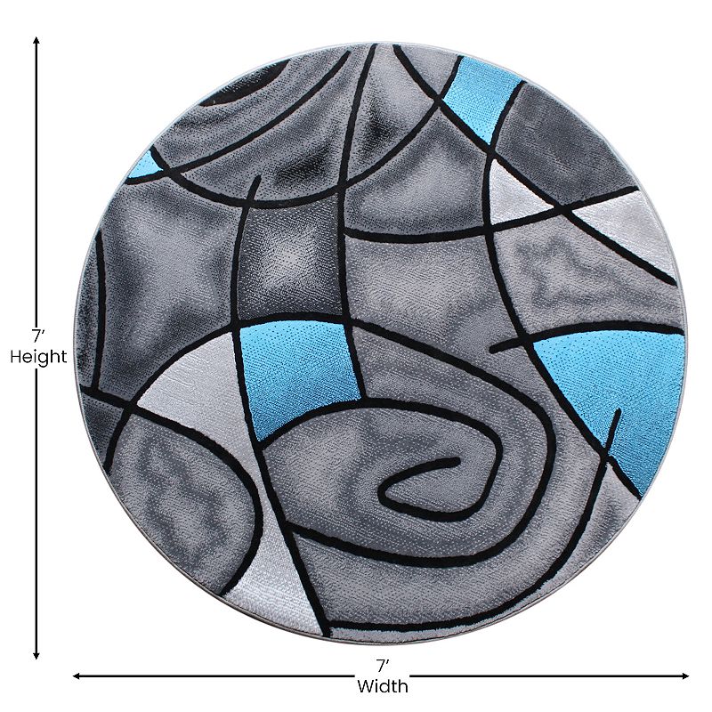 Masada Rugs Masada Rugs Trendz Collection 7'x7' Round Modern Contemporary Round Area Rug in Blue， Gray and Black