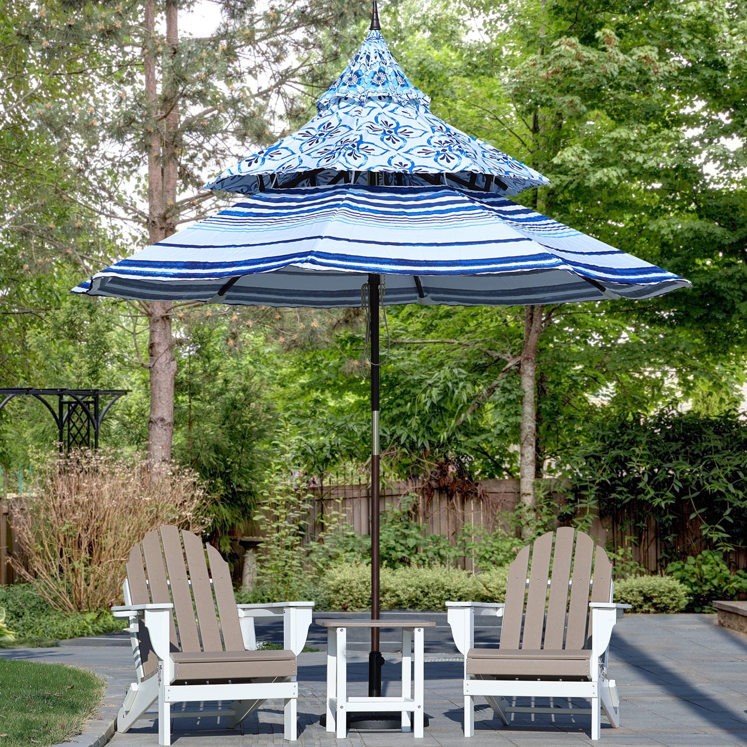 Aoodor 9ft Wooden Patio Table Market Umbrella 3 Tier (Only Umbrella)-Blue