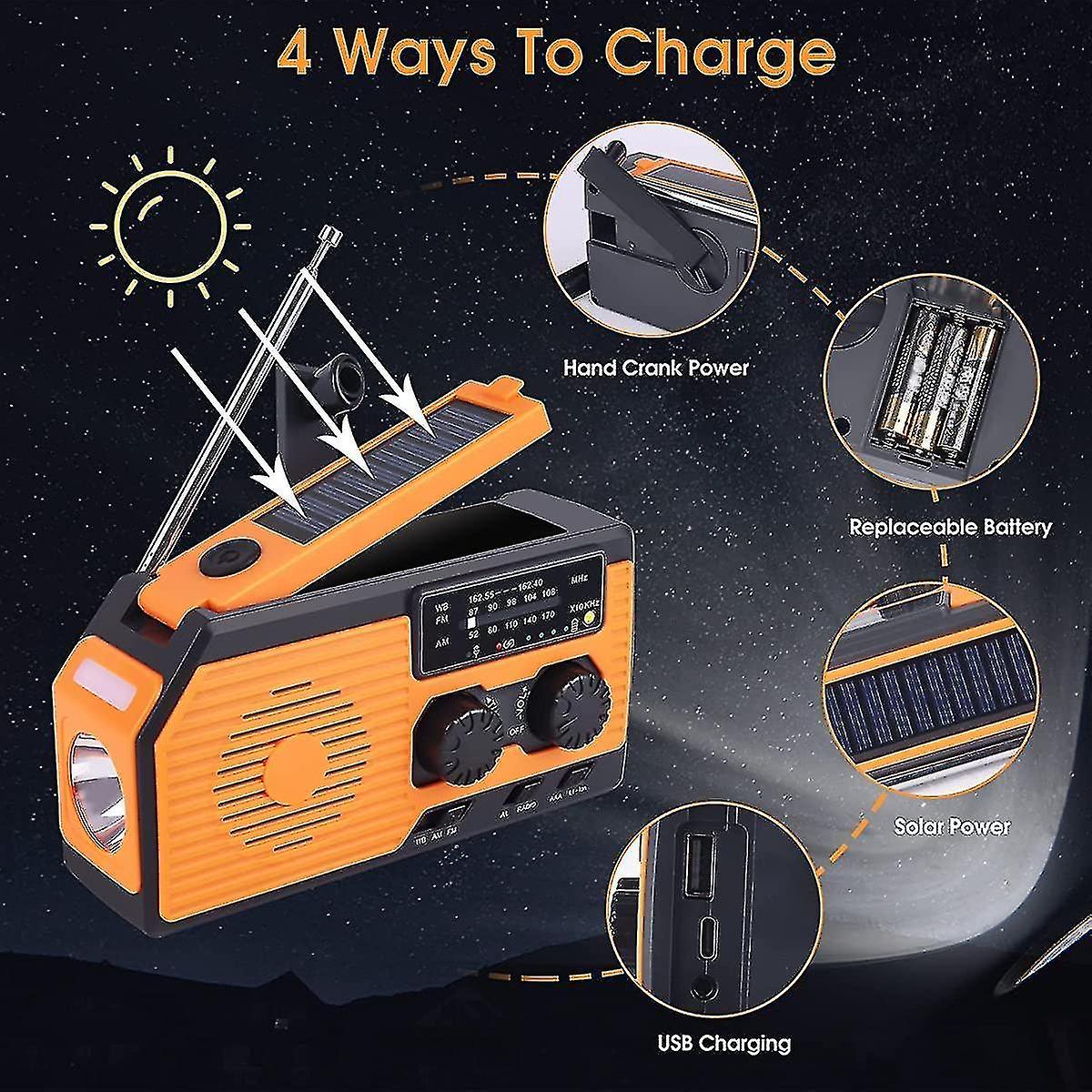 Solar Powered Radio， 5000mah Waterproof Rechargeable Portable Dynamo Radio， Flashlight， Reading Ligh