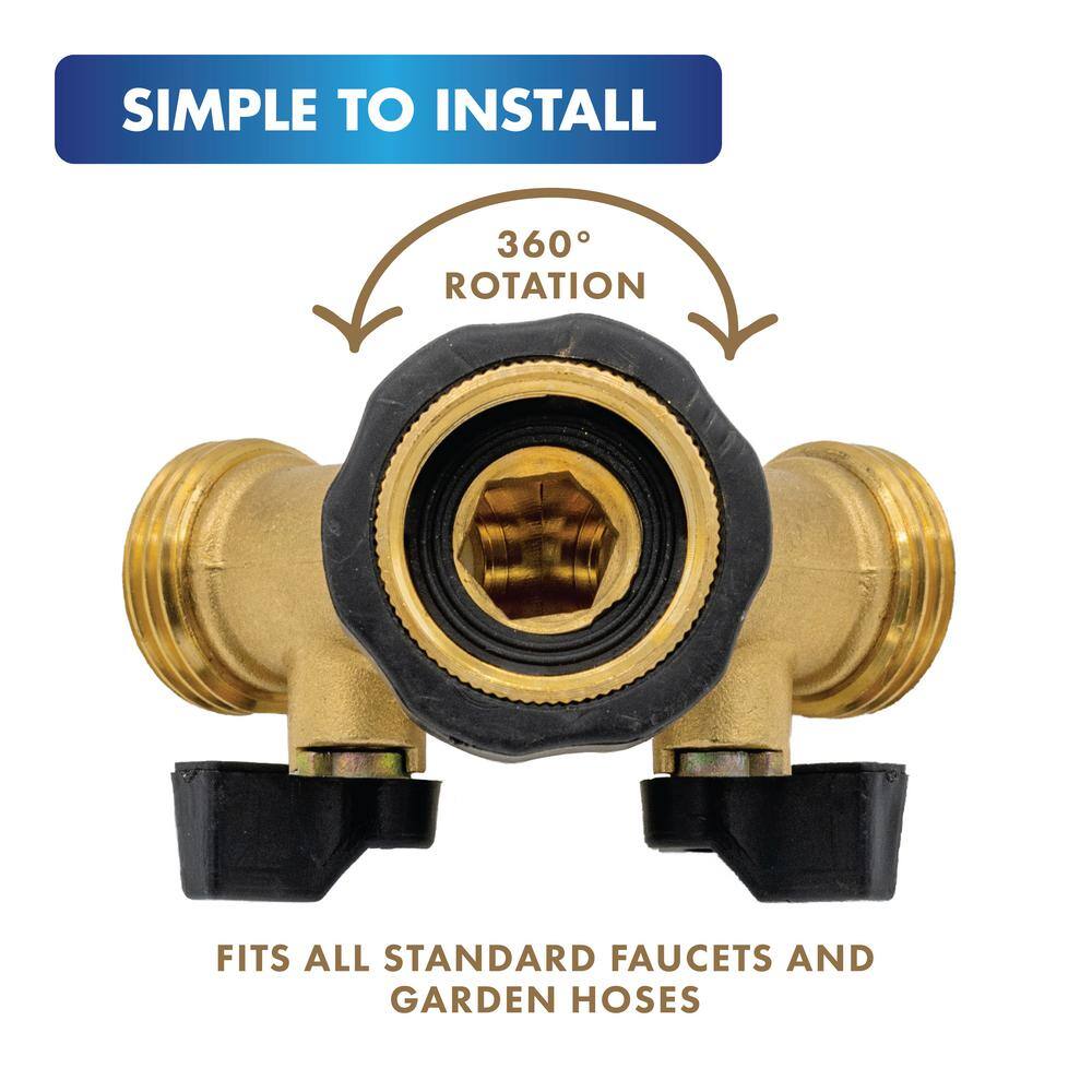 FREEZE MISER Heavy Duty Brass 2 Way Y-Valve 34 in. Garden Hose Splitter with Shutoff + 2 Hose Washers and Comfort Grips 34 inch 2482