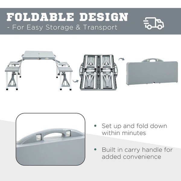 Portable Aluminum Picnic Table Set with Umbrella Hole， Gray