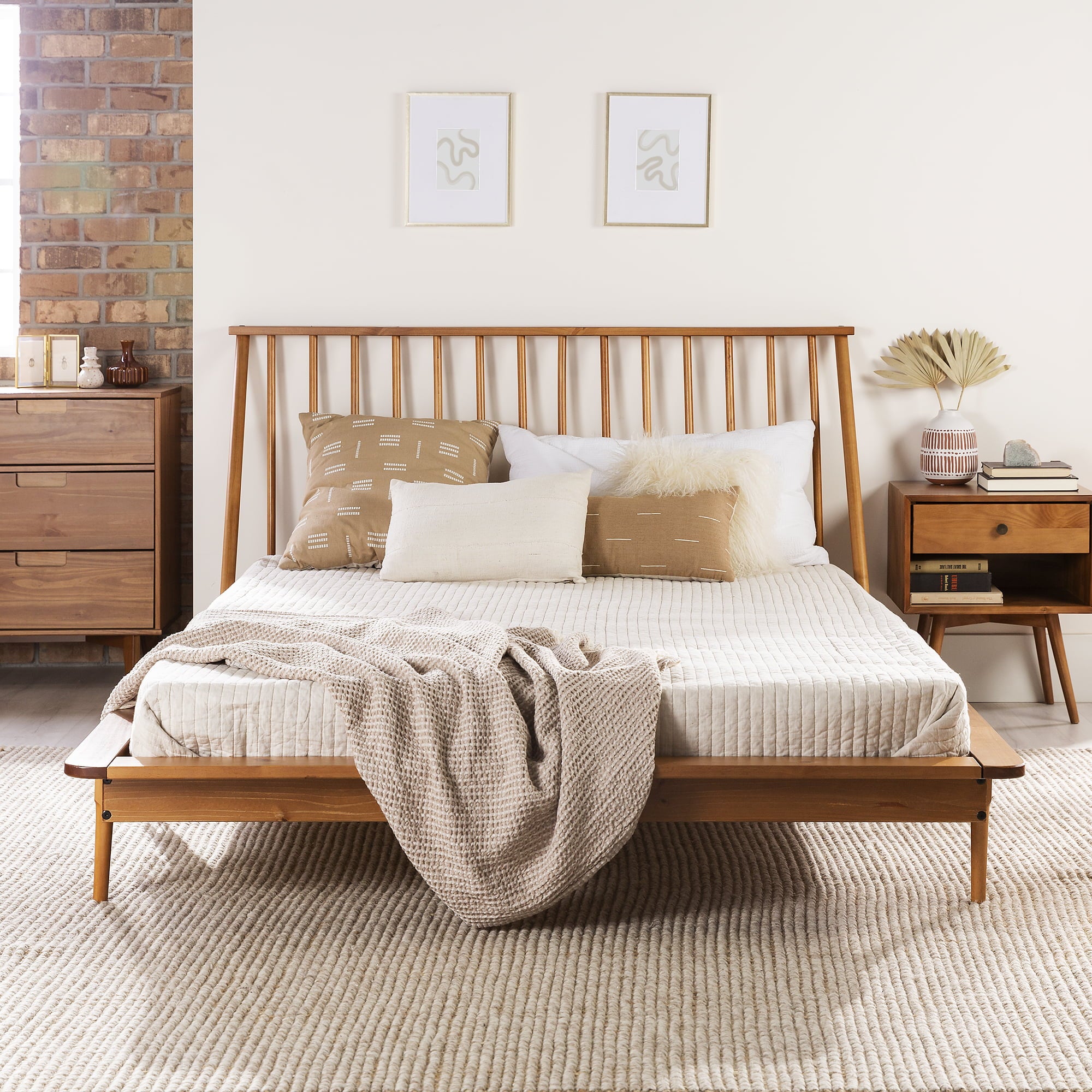 Desert Fields Modern Boho Queen Size Solid Wood Platform Bed, Caramel