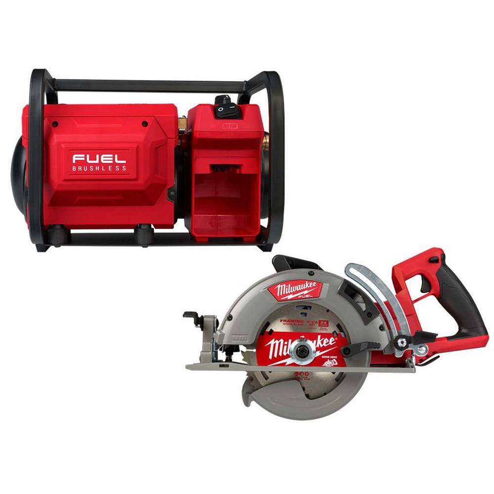 MW M18 FUEL Brushless Cordless 2 Gal. Compact Quiet Compressor wM18 FUEL Cordless 7-14 in. Rear Handle Circular Saw 2840-20-2830-20