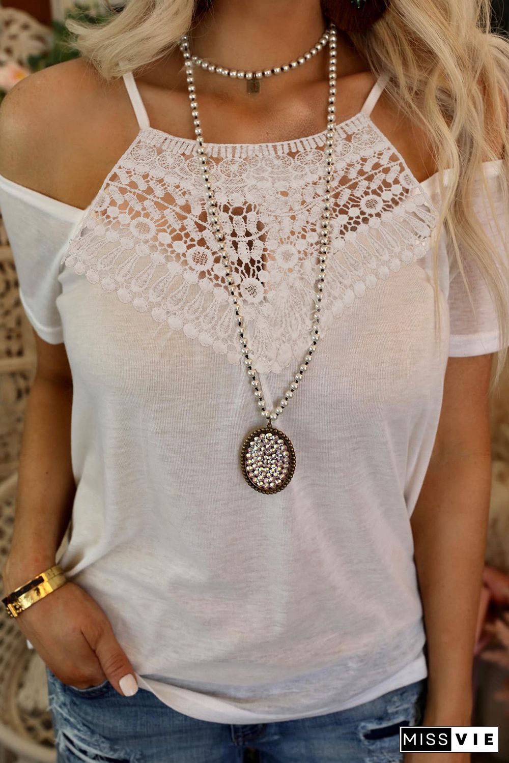 White Lace Contrast Cut-out Cold Shoulder Top