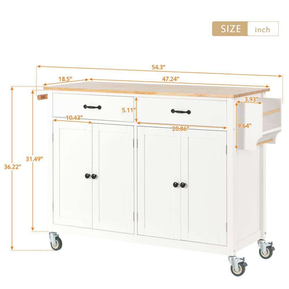 White Solid Wood Top 54.3 in. W Kitchen Island on 4-Wheels with 4-Door Cabinet and 2-Drawers VJ0310KIsland32