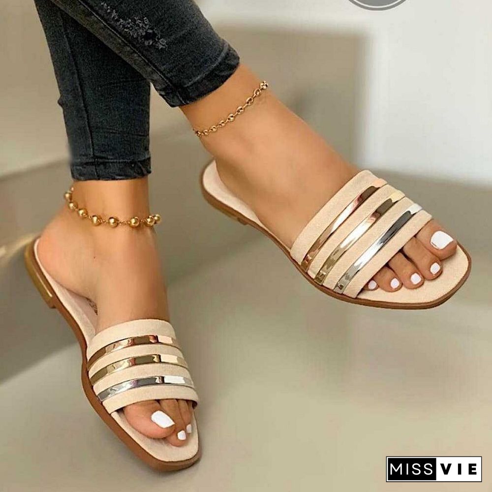 Women Slippers Beach Summer Shoes Women Slip On Bling Gold Flat Slides New Outdoor Shoes Female Casual Sandals Plus Size