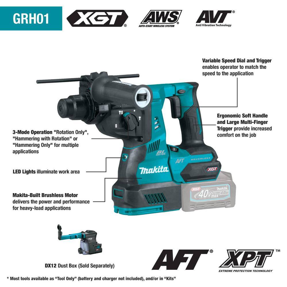 Makita 40V max XGT Brushless Cordless 1-18 in. Rotary Hammer wDust Extractor AFT AWS Capable (Tool Only) GRH01ZW