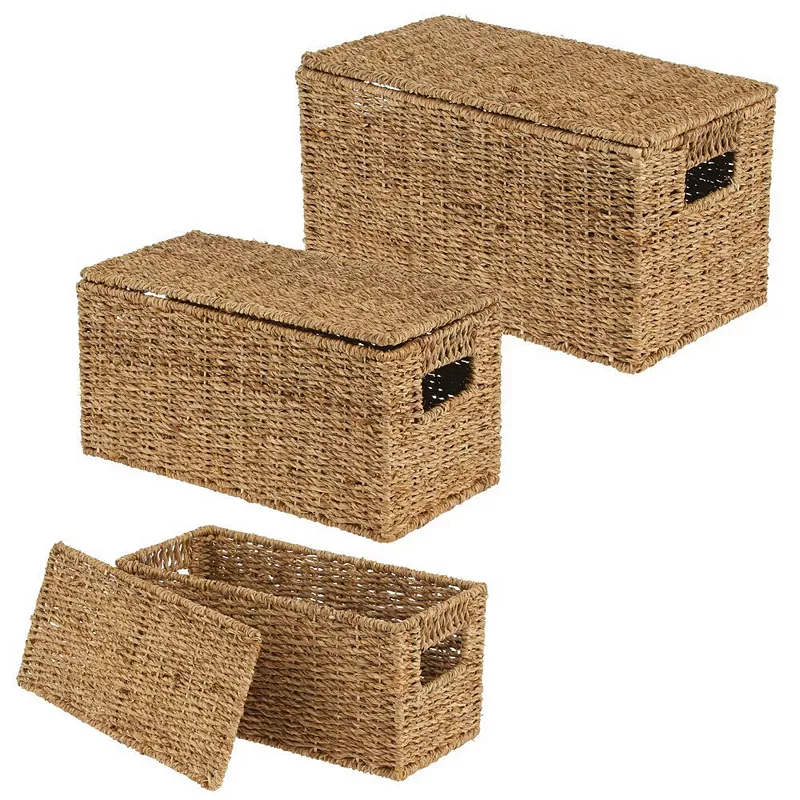 mDesign Woven Seagrass Home Storage Basket with Lid， Set of 3