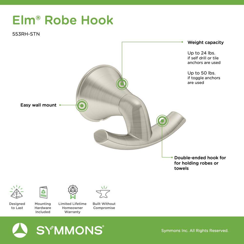 Symmons Elm Wall-Mounted Bathroom Double Robe Hook in Satin Nickel 553RH-STN