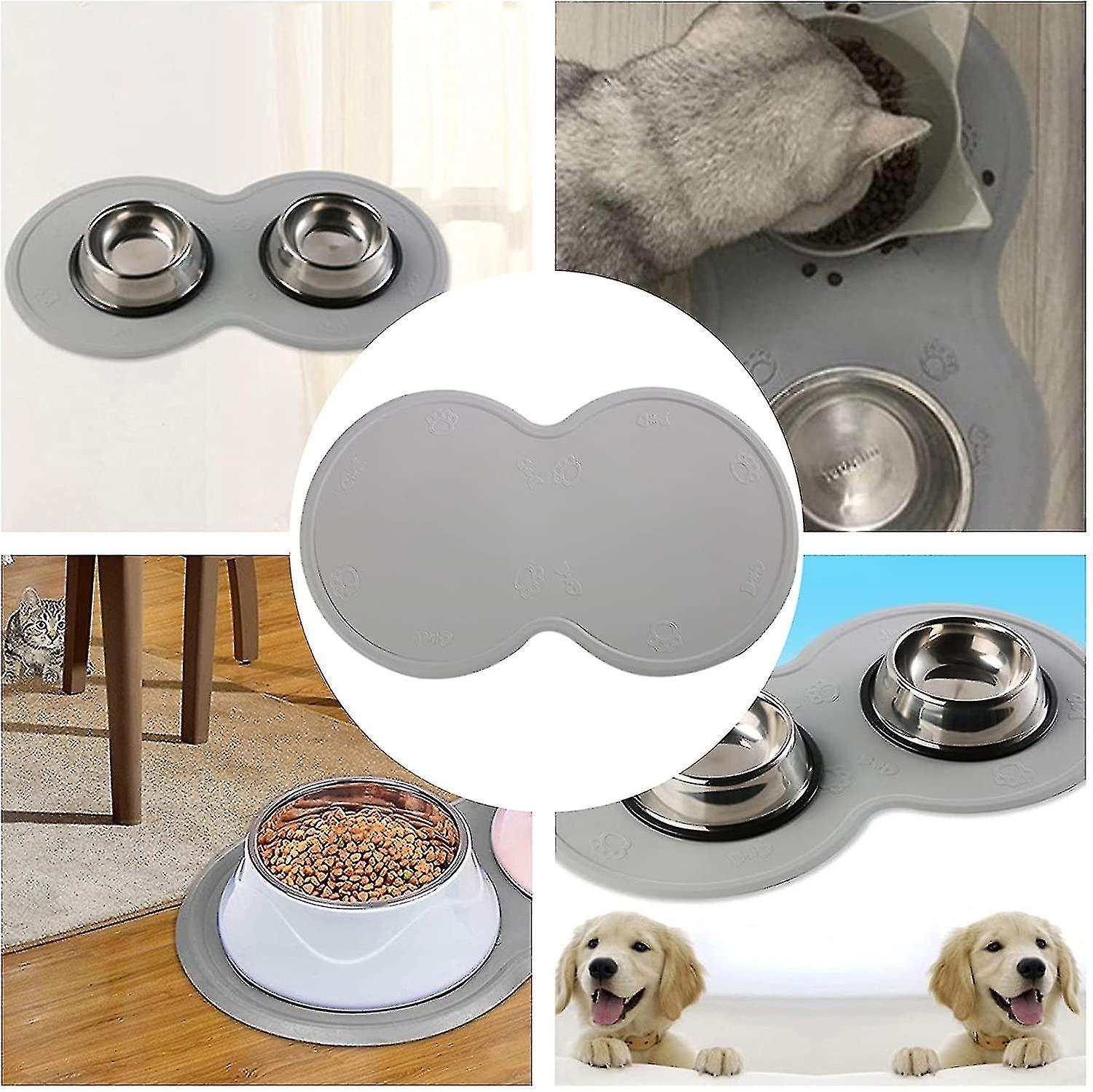 Cat And Dog Bowl Table Set， Pet Food Proof Mat， Waterproof Dog Food Tray Mat， Silicone Double Bowl