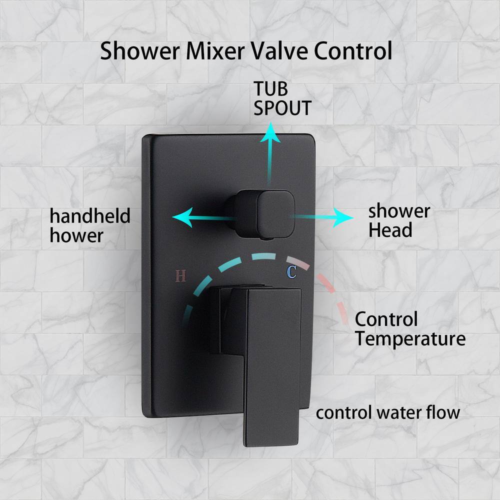 Magic Home 1-Spray 11.8 in. Square Temperature Control Hand Shower and Showerhead from Wall Combo Kit with Slide Bar in Black MH-KST-S212B