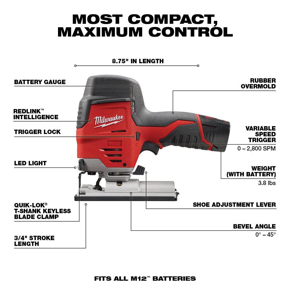 MW M12 12V Lithium-Ion Cordless Jig Saw and Crown Stapler with two 3.0 Ah Batteries 2445-20-2447-20-48-11-2412