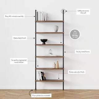 Nathan James Theo 85 in. Matte Black Reclaimed Oak Wood 6-Shelf Wall Mount Ladder Bookcase with Matte Black Metal Frame 65607