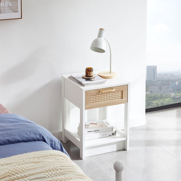 Modern Rattan End table/Side Table with 1 Drawer and 1 Open Shelf