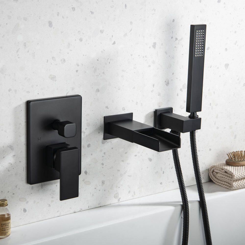 WELLFOR Single-Handle Wall Mount Roman Tub Faucet with Hand Shower in Matte Black (Valve Included) CR-P-WM-2W01MB