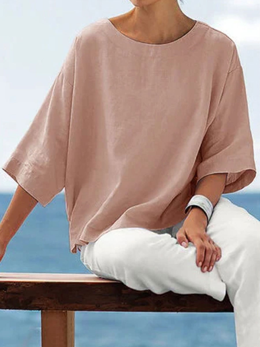 Round Neck Solid Color Simple Fashion Blouse