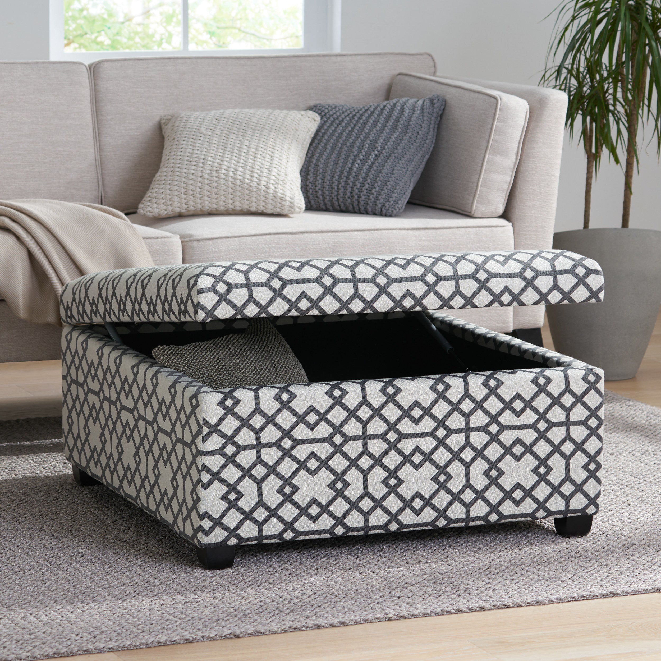 Estee Grey Geometric Pattern Fabric Square Storage Ottoman Coffee Table