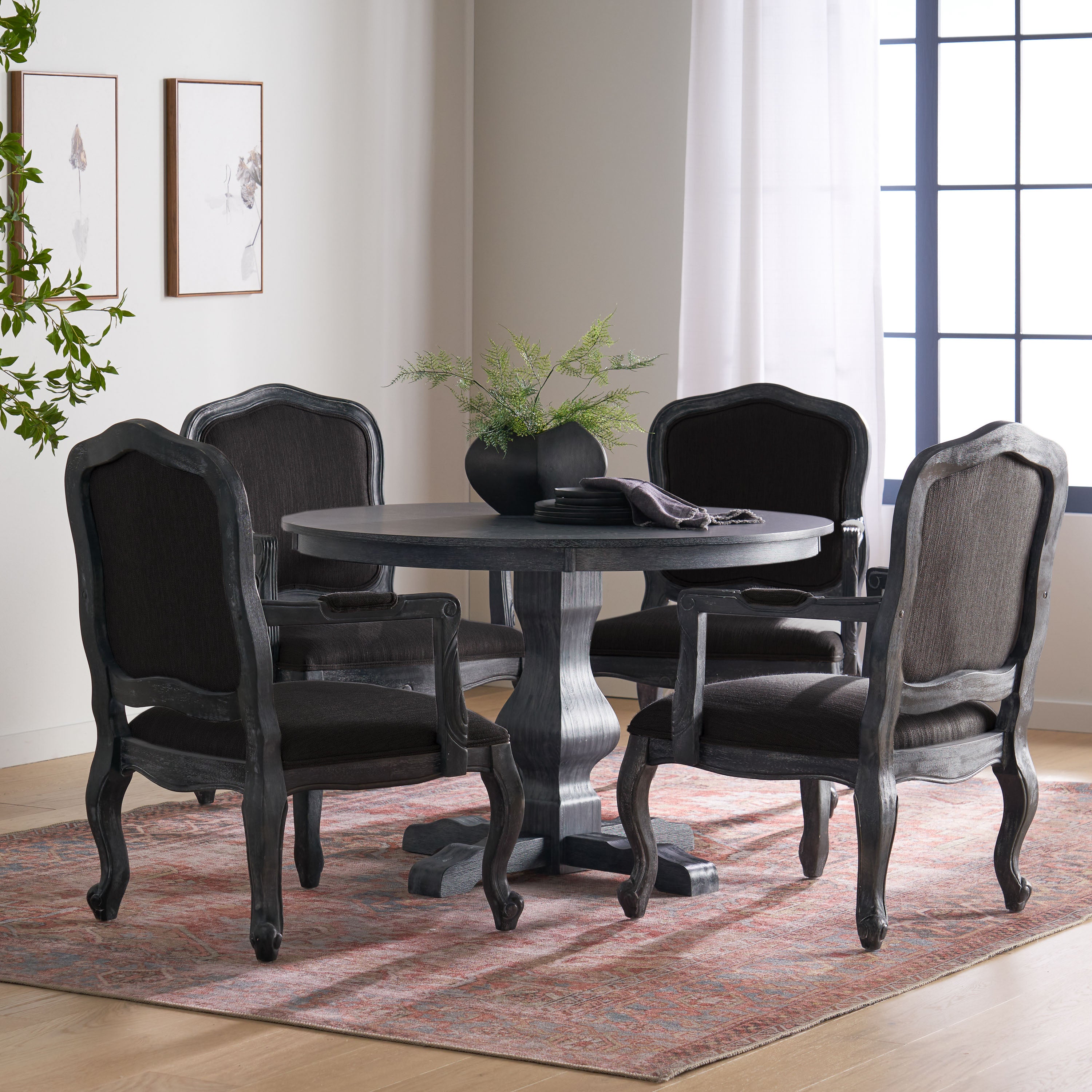 Absaroka French Country Fabric Upholstered Wood 5 Piece Circular Dining Set