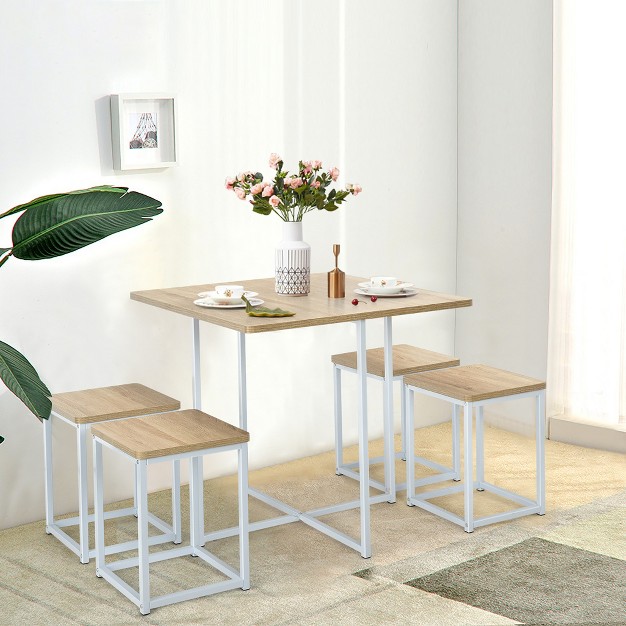 Costway 5pcs Dining Set Compact Dining Table And 4 Stools Metal Frame Nature vintage