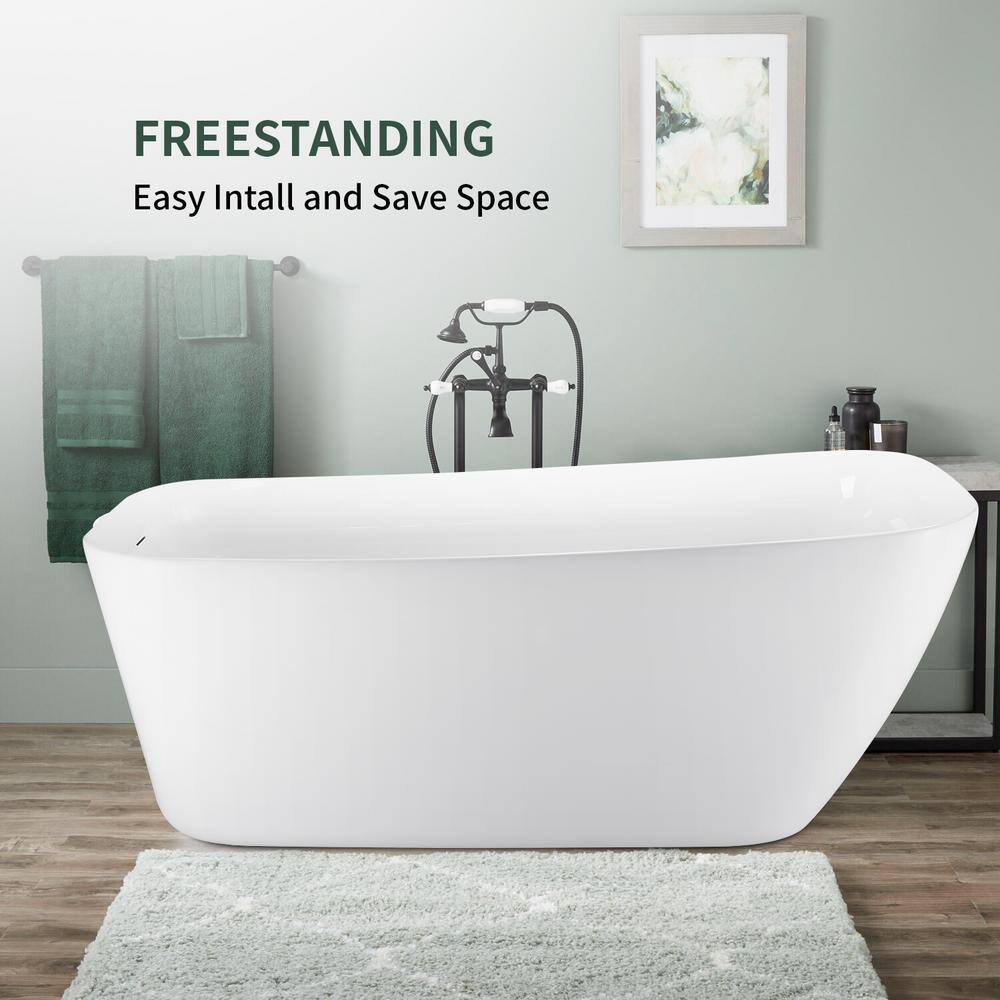 Mokleba 63 in. Acrylic Flatbottom Freestanding Bathtub with Black Pop Up Drain in White BTHD6914967263