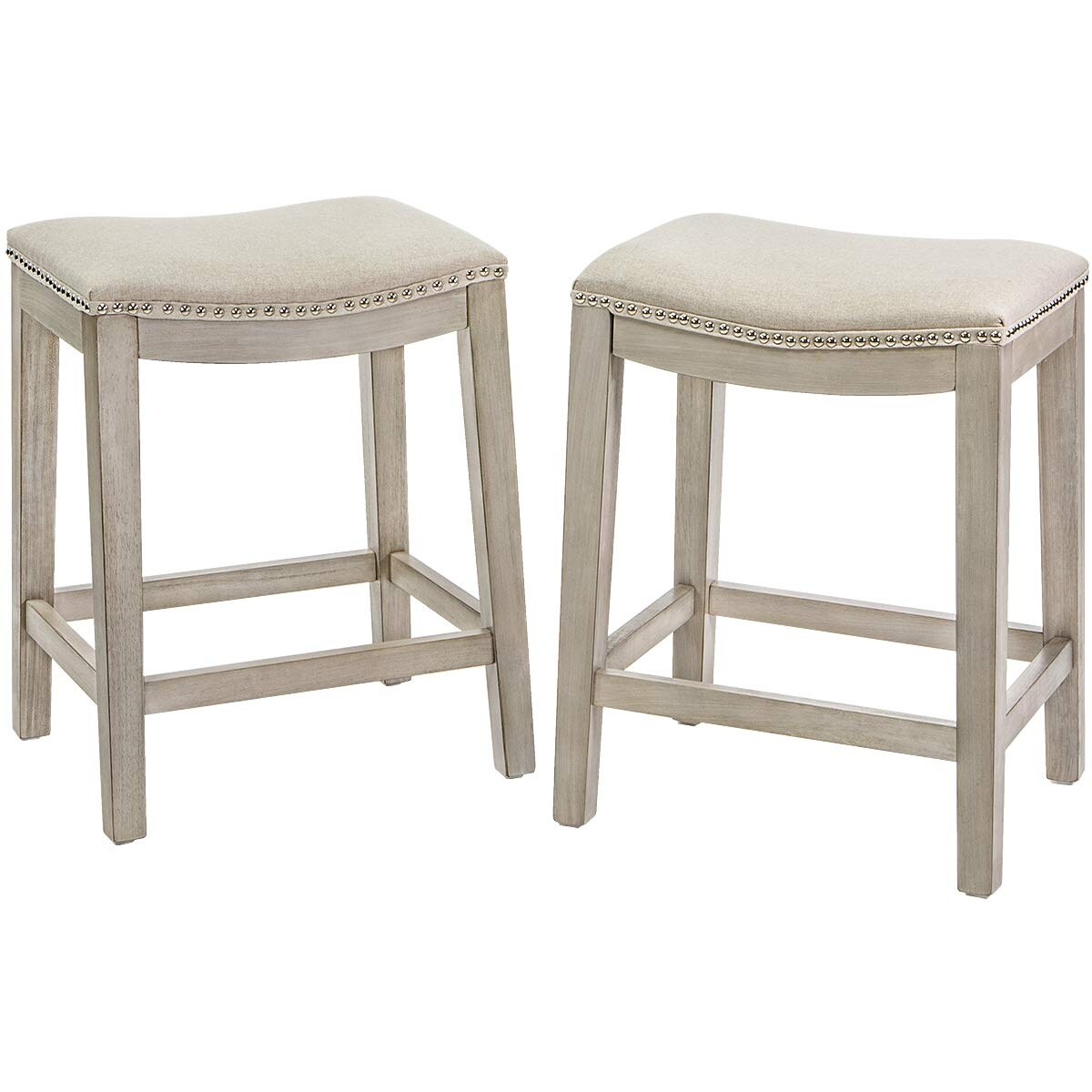 Set of 2 Bar Stools Beige 24 Saddle Backless Premium Padded Indoor/Outdoor Nailhead Cushion