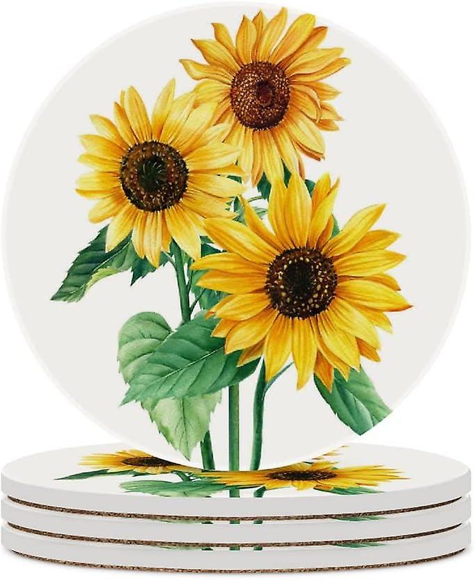 6pcs Round Watercolor Sunflowers On White Ceramic Coasters With Cork-backed For Coffee Drink Cup Mat Absorbent Stone Coasters